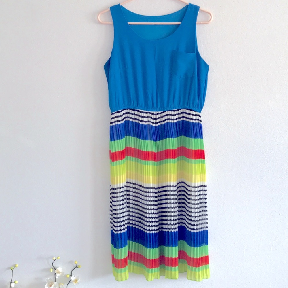 Woman’s pleats contrast stripes High waist tunic Dress